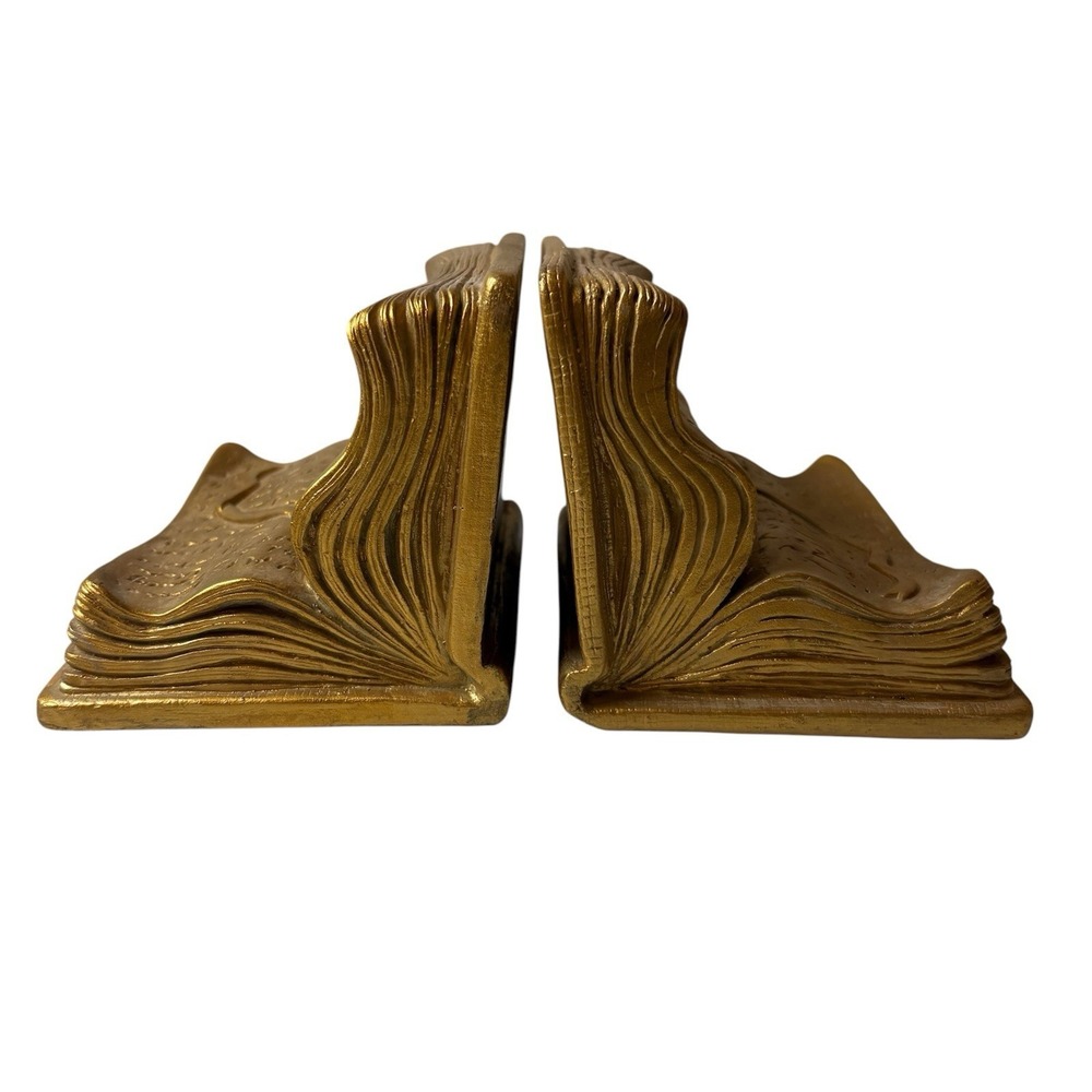 Vintage Pair of Gold Tone Open Books Bookends Toyo Made in Korea Heavy